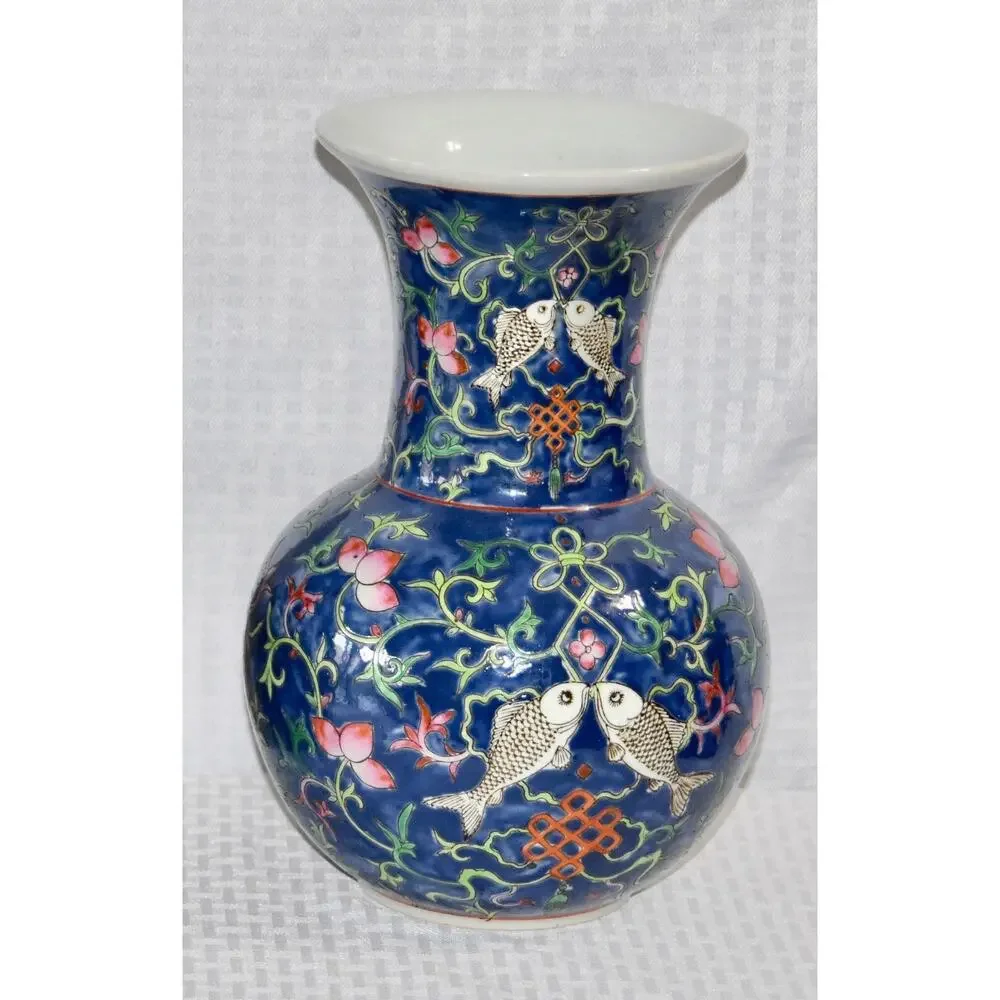 Japanese Enamelled Ceramic Hand Painted Peaches and Fish Trumpet Vase
